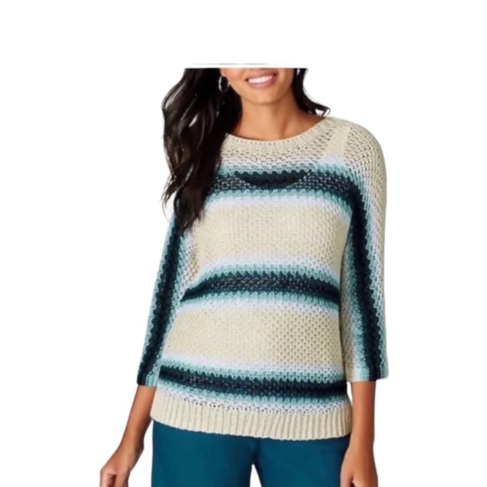 J Jill Linen Sweater Womens Sz Medium Stripe Loose Knit Lagenlook Cotton Costal